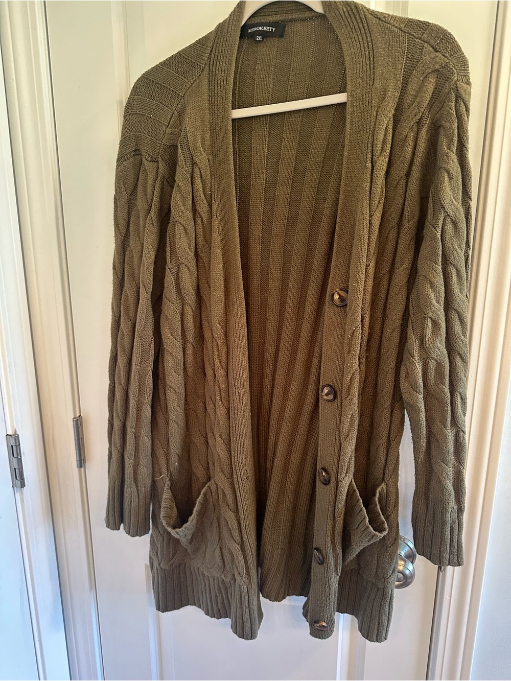 Olive Cable-Knit Button Cardigan Sweater